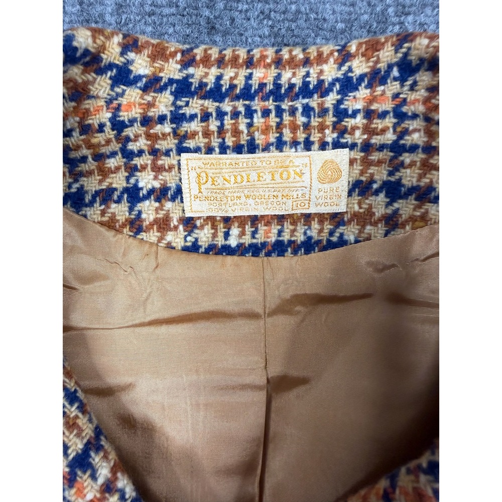 Vintage Pendleton Wool Blazer Jacket Womens 10 Brown Blue Plaid Houndstooth - Picture 2 of 6